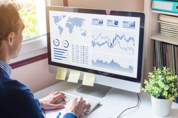 A person is working with a website traffic bar graph on a computer