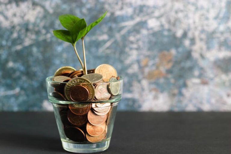 The image shows a glass full of coins and a little plant growing up